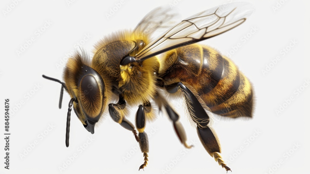 Intricate and lifelike 3D vector rendering of a bee isolated on a white backdrop, depicting the process of collecting honey or propolis. Intricate and lifelike 3D vector rendering of a bee isolated on a white backdrop, depicting the process of collecting honey or propolis.