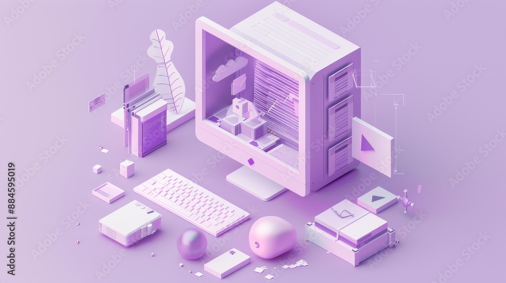 Isometric 3D file processing icon on white in purple pastel background. 3D image in high resolution. Isometric 3D file processing icon on white in purple pastel background. 3D image in high resolution.