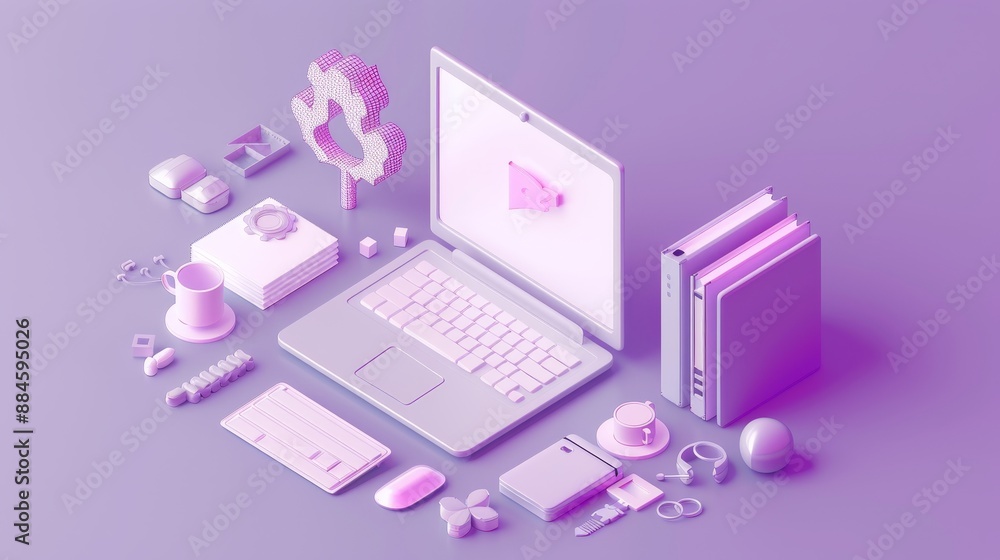 Isometric 3D file processing icon on white in purple pastel background. 3D image in high resolution. Isometric 3D file processing icon on white in purple pastel background. 3D image in high resolution.