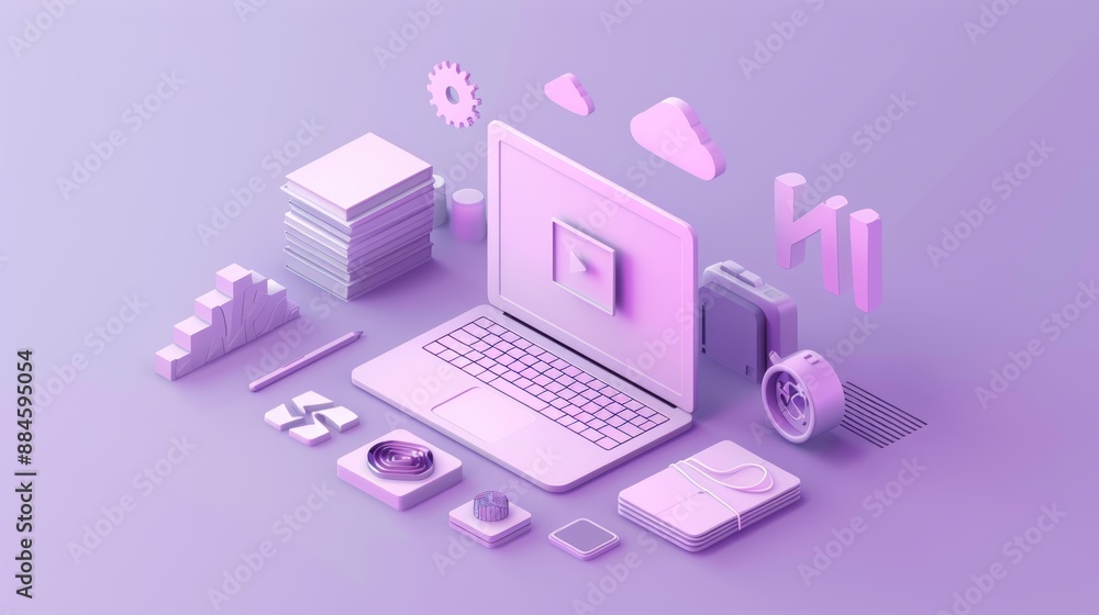 Isometric 3D file processing icon on white in purple pastel background. 3D image in high resolution. Isometric 3D file processing icon on white in purple pastel background. 3D image in high resolution.
