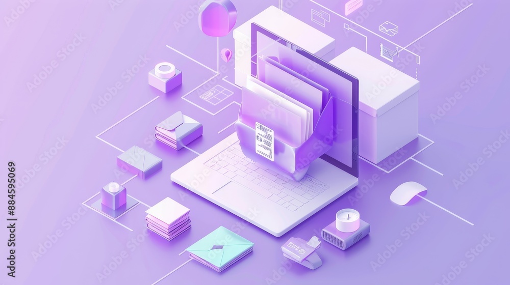 Isometric 3D file processing icon on white in purple pastel background. 3D image in high resolution.
