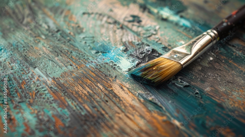 Using a brush to paint on a wooden background with empty space Using a brush to paint on a wooden background with empty space