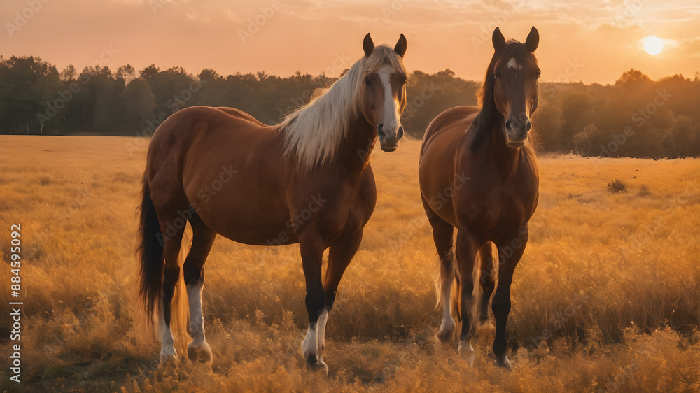 Noble horse standing on yellow field at sunset. Generative AI Noble horse standing on yellow field at sunset. Generative AI