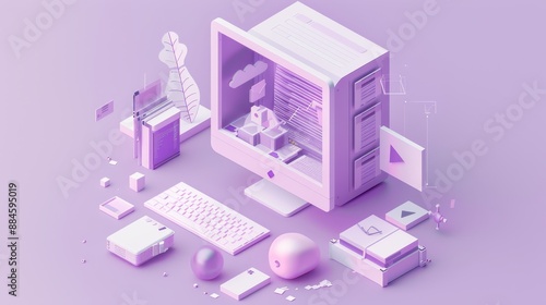 Isometric 3D file processing icon on white in purple pastel background. 3D image in high resolution.