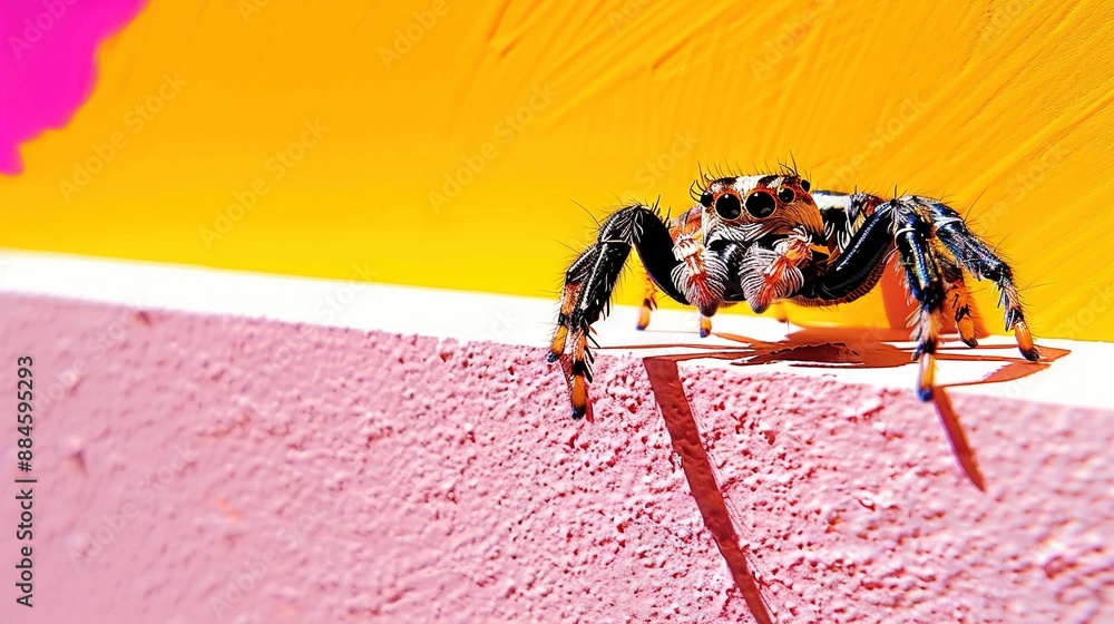 Obraz premium A close-up of a spider on a pink and yellow surface with a pink and yellow wall in the background