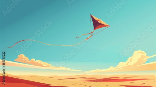 Kite flat vector illustration depicting a traditional kite with a long tail, ready to fly in the sky.