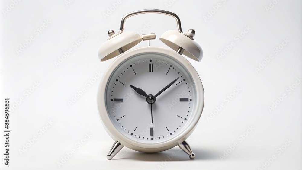 Minimalist isolated time icon, circular analog alarm clock symbol with hour and minute hands on a pure white background. Minimalist isolated time icon, circular analog alarm clock symbol with hour and minute hands on a pure white background.