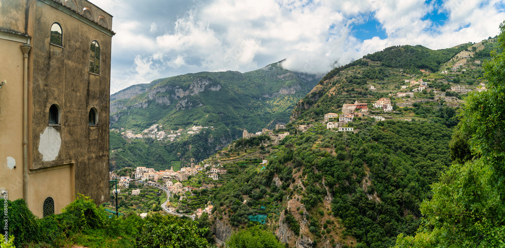 Scenic Panorama of Italian Hillside Villages with Mountain View in ravello, Italy