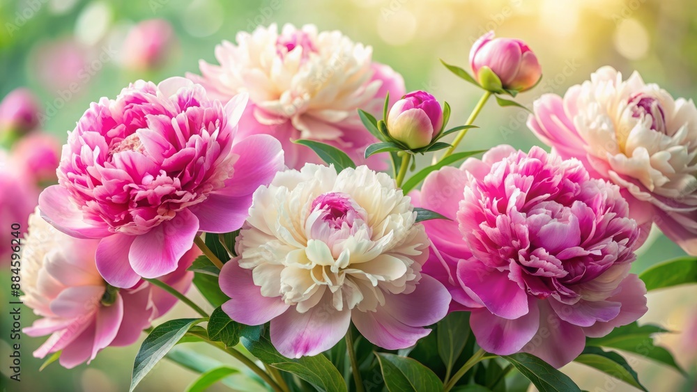 Obraz premium Vibrant pink and white peony blooms with delicate, ruffled petals and lush green foliage against a soft, creamy background.