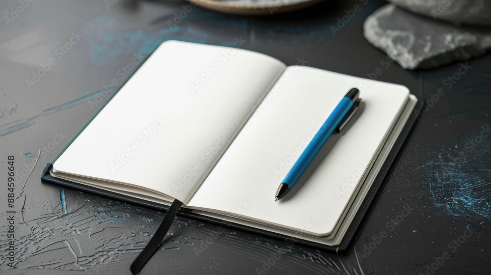 Blank bullet journal and blue pen on black desk Blank bullet journal and blue pen on black desk