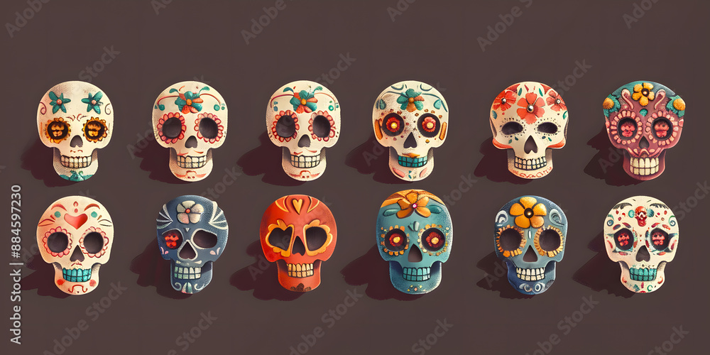 Set de coloridas calaveras de dia de muertos 