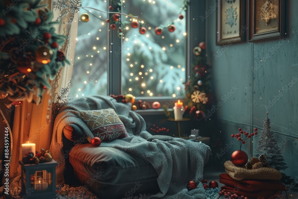 Snug nook with a chair, festive lights, and holiday cheer on a snowy evening Snug nook with a chair, festive lights, and holiday cheer on a snowy evening