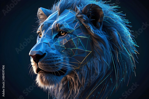 blue digital hologram lion head, AI in wildlife conservation efforts, habitat monitoring systems, and animal behavior analysis. photo