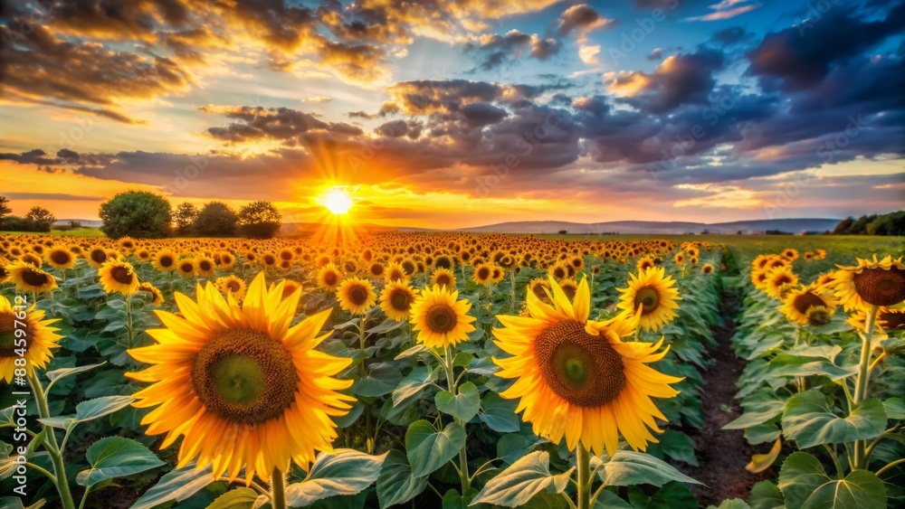 Obraz premium A sunflower field at sunset.