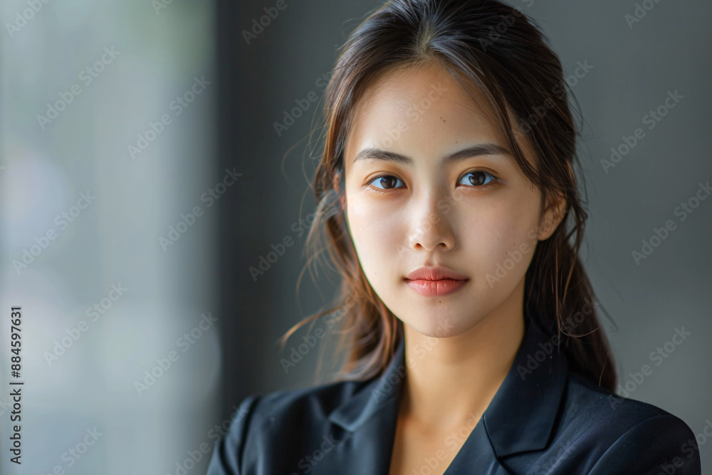 A confident Asian female business leader in professional attire, exuding determination and success. A confident Asian female business leader in professional attire, exuding determination and success.