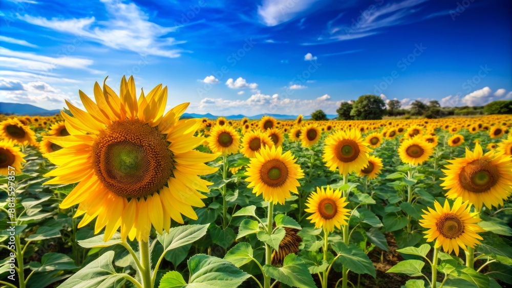 A field of sunflowers under a clear blue sky. A field of sunflowers under a clear blue sky.