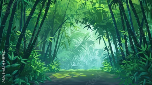 Fototapeta Naklejka Na Ścianę i Meble -  A lush and vibrant bamboo forest depicted in a whimsical cartoon style with cartoon elements set against a backdrop of tropical scenery
