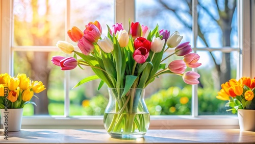 A vase of tulips in a bright room.