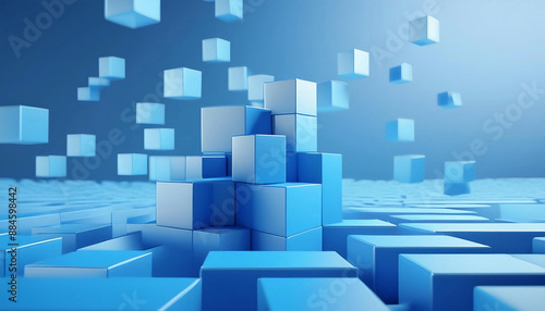 3d Abstract geometric background with blue 3d cubes with copy space