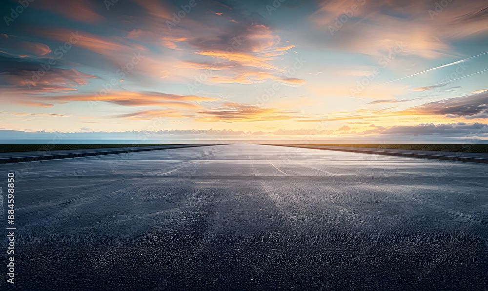 Empty asphalt road and beautiful sky at sunset, panoramic view. Empty asphalt road and beautiful sky at sunset, panoramic view.