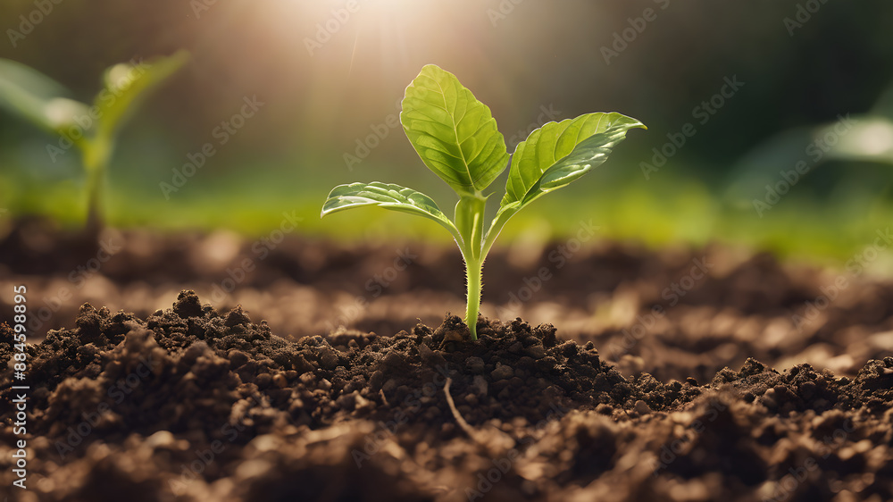 Young plant springing up out of the soil. Generative AI Young plant springing up out of the soil. Generative AI