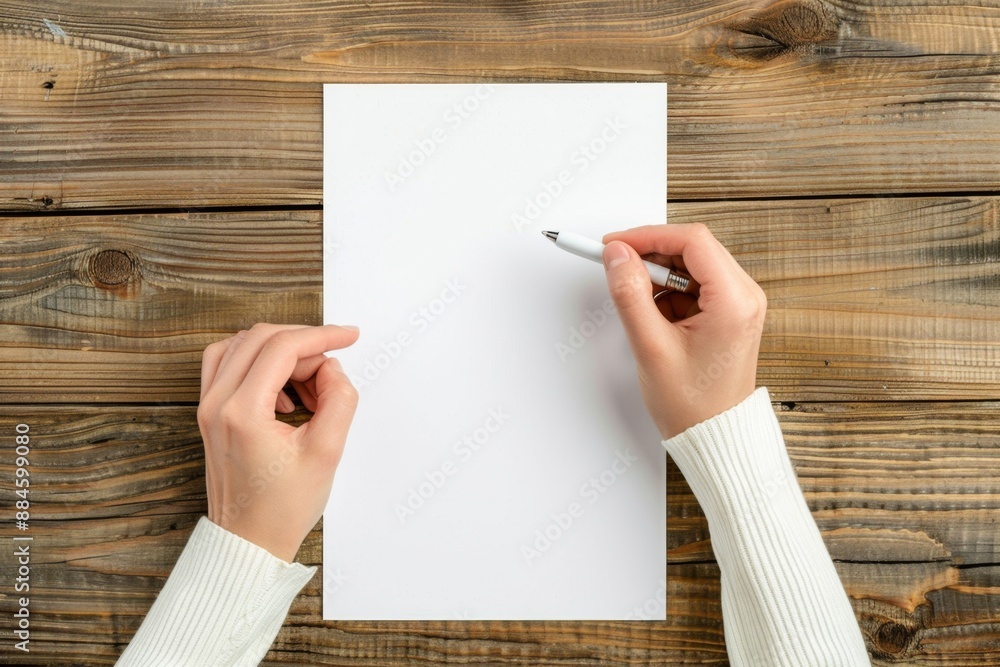 Hands holding a pencil over a blank sheet of paper on a wooden table. Simple and minimalistic style. Perfect for creative concepts and educational purposes. Generative AI Hands holding a pencil over a blank sheet of paper on a wooden table. Simple and minimalistic style. Perfect for creative concepts and educational purposes. Generative AI