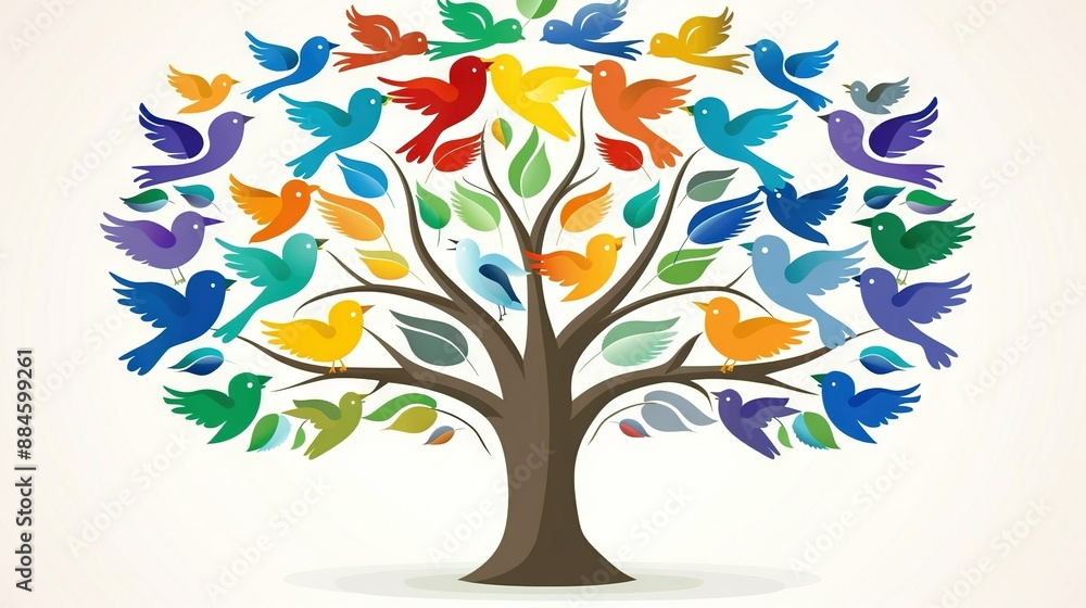 A vivid tree adorned with feathery avians and foliage resembling wings atop its peak A vivid tree adorned with feathery avians and foliage resembling wings atop its peak