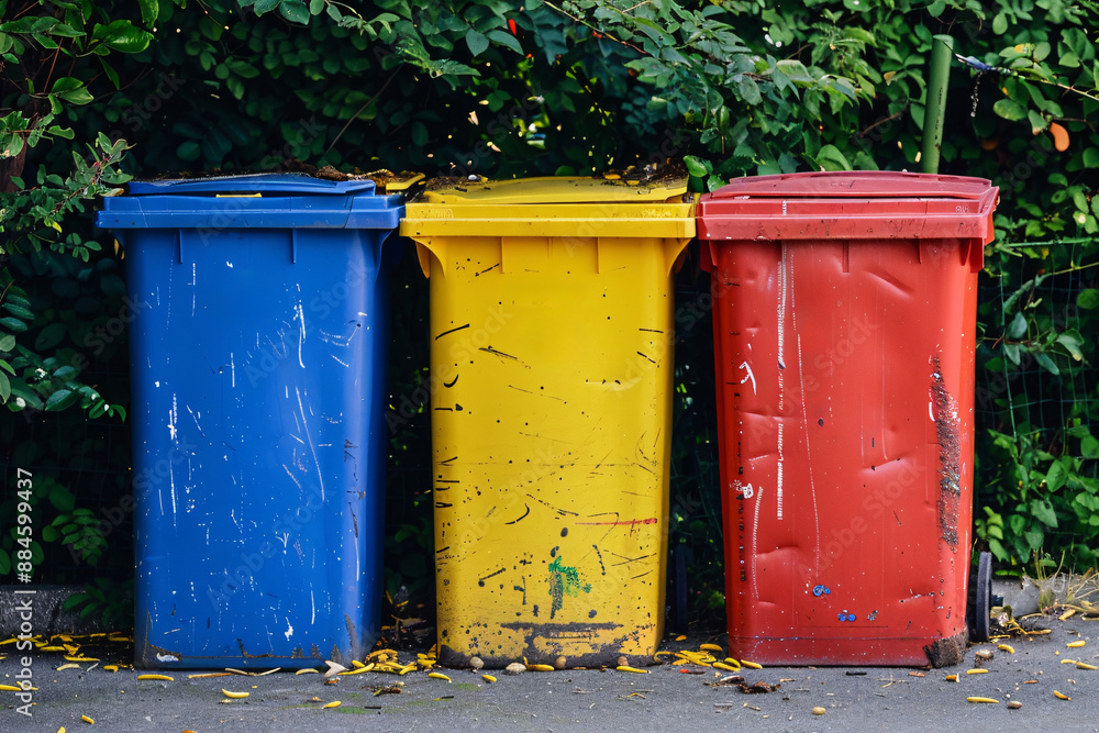 Recycling bins. Colorful trash cans in a row. Recycling concept. Garbage recycling . Recycling bins. Colorful trash cans in a row. Recycling concept. Garbage recycling .