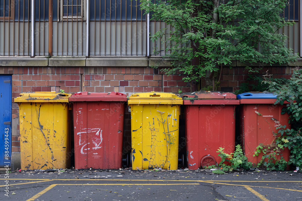 Recycling bins. Colorful trash cans in a row. Recycling concept. Garbage recycling .