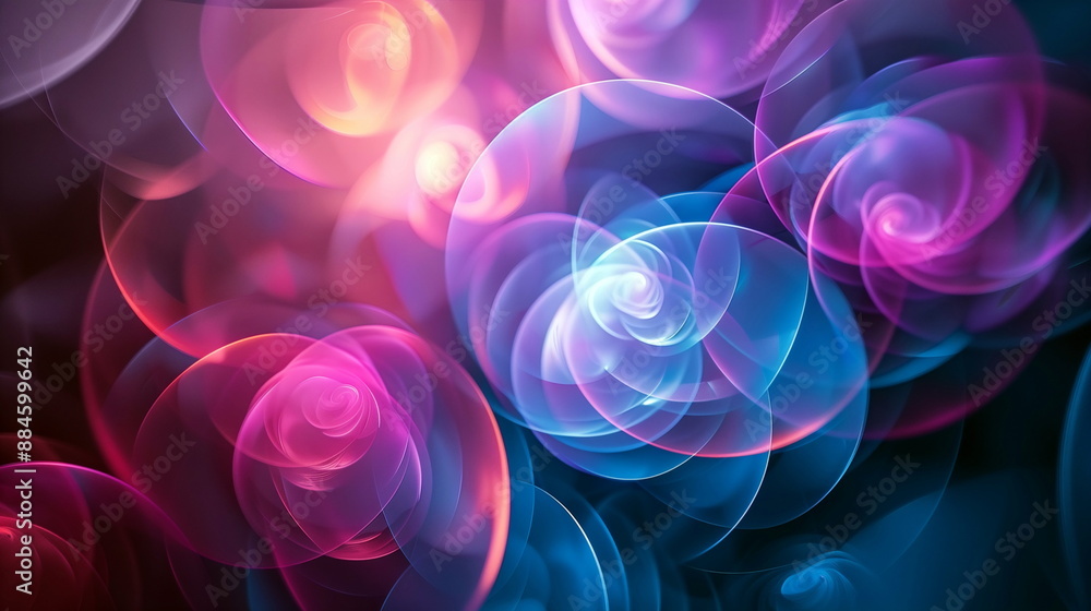 Overlapping circles with gradients of blue and purple, casting soft beams of light in different directions. Abstract Geometric Light Beams Overlapping circles with gradients of blue and purple, casting soft beams of light in different directions. Abstract Geometric Light Beams