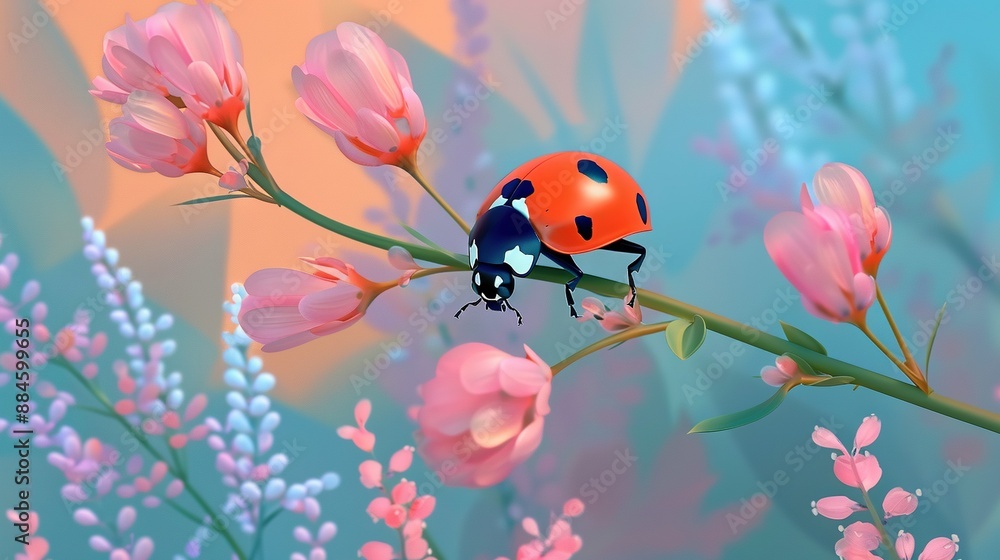 Ladybug on pink flower with blue and pink plants in background Ladybug on pink flower with blue and pink plants in background