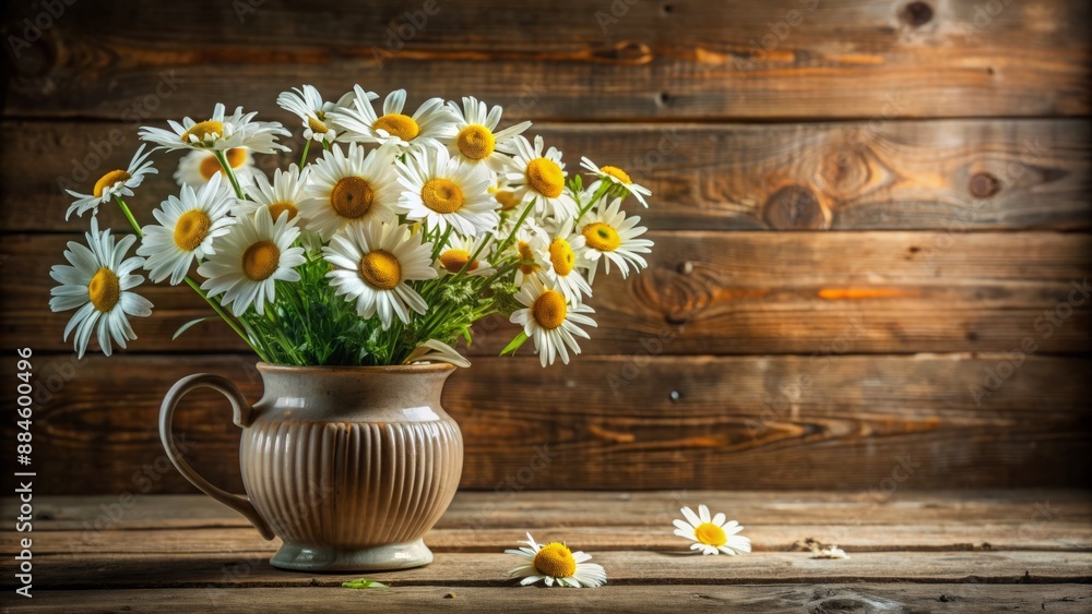 Obraz premium A vase of daisies on a rustic table.