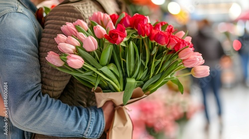 Wallpaper Mural Couple In Love, Man Giving Woman A Bouquet Of Roses And Tulips For Valentines Day. Torontodigital.ca