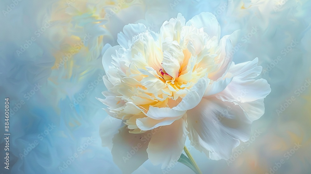 A white flower with a yellow center on a blue and yellow background featuring a yellow center in the center of the flower A white flower with a yellow center on a blue and yellow background featuring a yellow center in the center of the flower