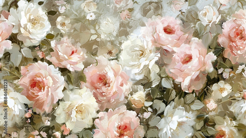 Pink and white flowers against a white-gray backdrop with leaves and flowers prominently displayed in the foreground Pink and white flowers against a white-gray backdrop with leaves and flowers prominently displayed in the foreground