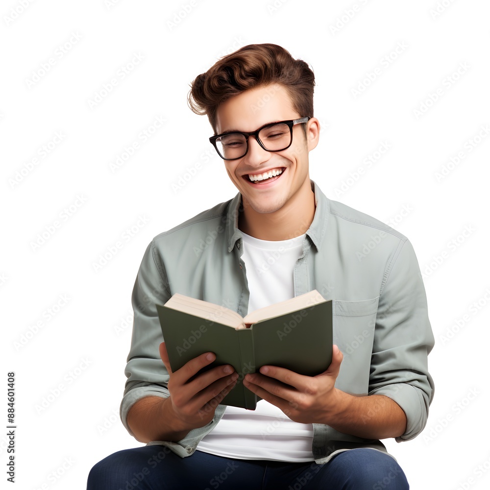 Young Man Holding A Book And Reading while sitting on the white background Young Man Holding A Book And Reading while sitting on the white background
