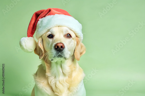  Cute dog wearing a Santa hat, pastel background © Big