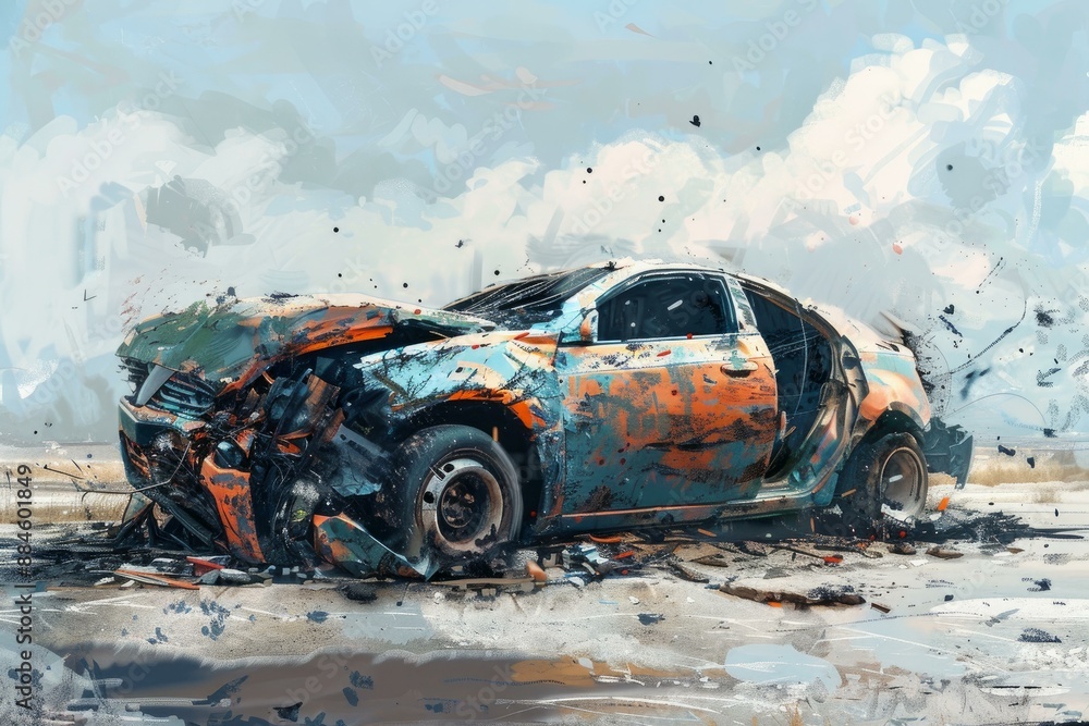 Digital art of a crashed car on a deserted road, symbolizing danger and car accidents Digital art of a crashed car on a deserted road, symbolizing danger and car accidents