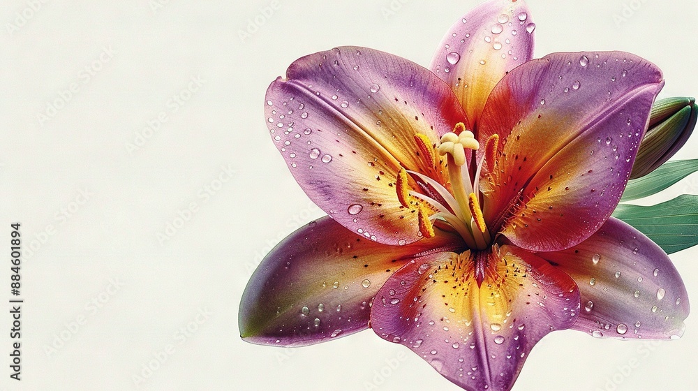 Fototapeta premium A close-up shot of a purple flower with water droplets and a green leaf protruding from its center