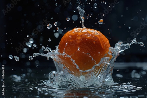 Fresh Mandarin Orange falling into the water with a splash on a black background