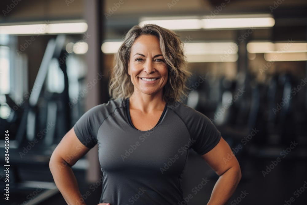 Fototapeta premium Smiling portrait of a middle aged slightly overweight woman in gym