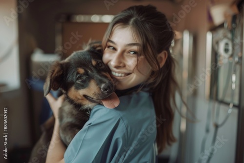 Smiling portrait of a young female veterinarian with dog at clinic