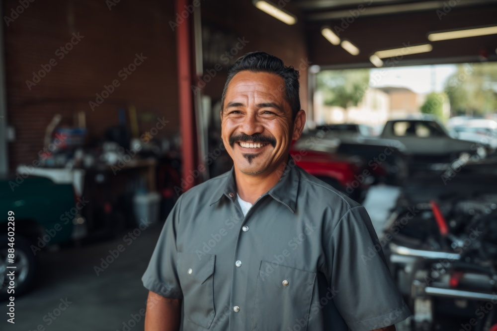 Smiling portrait of a middle aged car mechanic Smiling portrait of a middle aged car mechanic