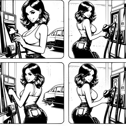 Four vectors of a woman tanking at gas station