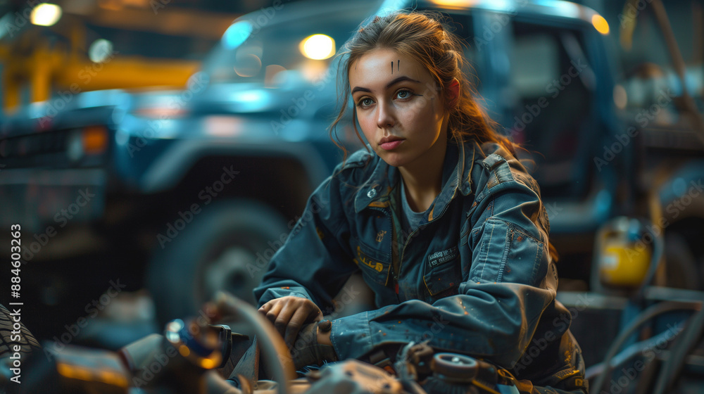 Charismatic cheerful a female auto mechanic с sits on a chair in a dark blue overall and repairs a car engine. Behind him is a dark blue pickup truck. There are traces of fuel oil on the face Charismatic cheerful a female auto mechanic с sits on a chair in a dark blue overall and repairs a car engine. Behind him is a dark blue pickup truck. There are traces of fuel oil on the face