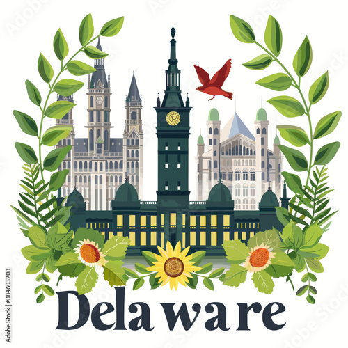 Elegant Delaware state emblem with historical buildings, greenery, and a bird, suitable for heritage, tourism, and cultural pride themes