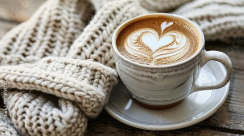 Coffee with heart symbol and mittens on table