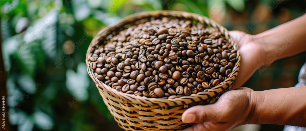 Freshly Harvested Raw Coffee Beans in Whicker Basket Held by Farmer's Hands Freshly Harvested Raw Coffee Beans in Whicker Basket Held by Farmer's Hands