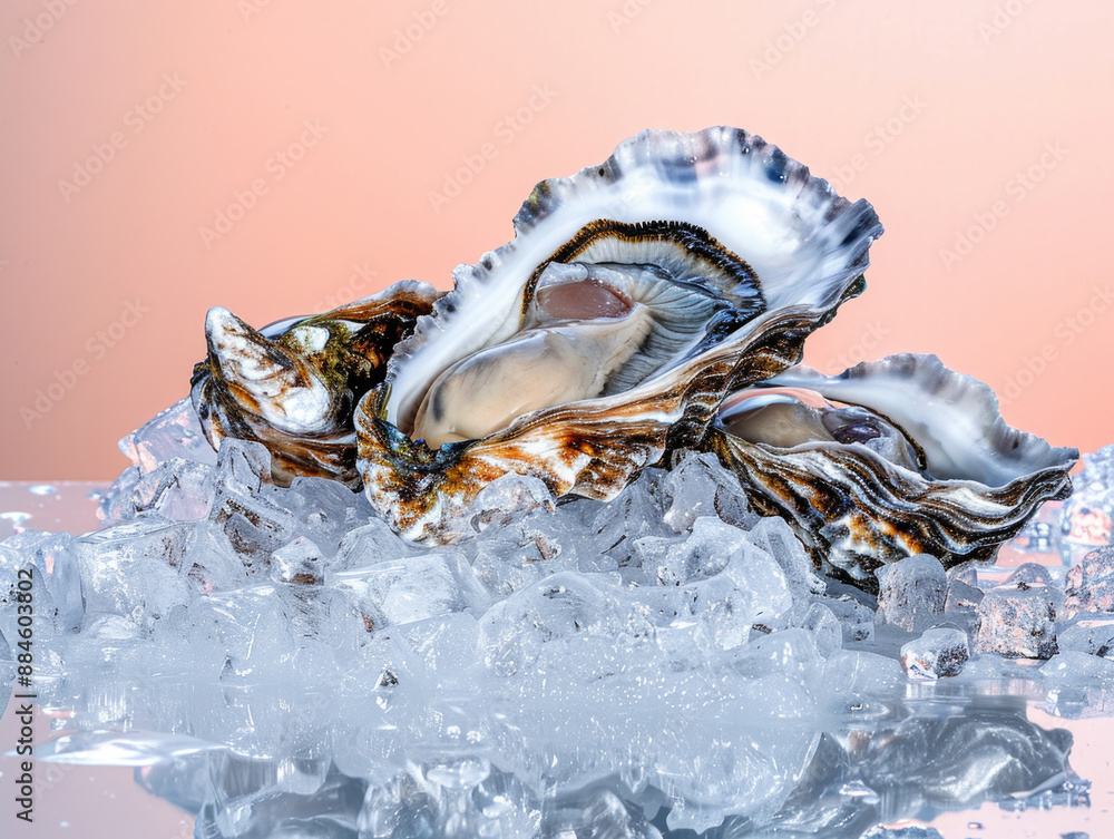 Fresh Oysters on Ice on Pastel Gradient Background. Premium Delicacy Seafood Fresh Oysters on Ice on Pastel Gradient Background. Premium Delicacy Seafood