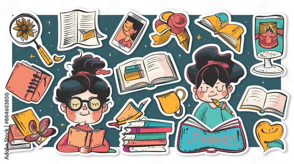 Obraz premium stickers collection, isolated cartoon, white background, vector graphics in clip art style, high resolution, colorful. generated AI